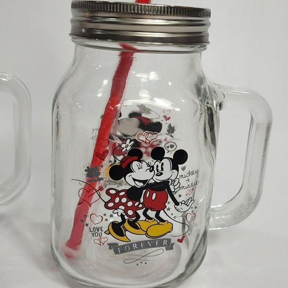 2 Disney Collectible 21 oz Glass Mason Jar Minnie & Mickey ❤️Forever w Straw Lid - Picture 4 of 10